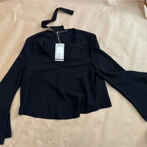 NWT - ZARA Trafaluc Collection - Black Bell Shape Sleeve Blouse w Neck Collar
